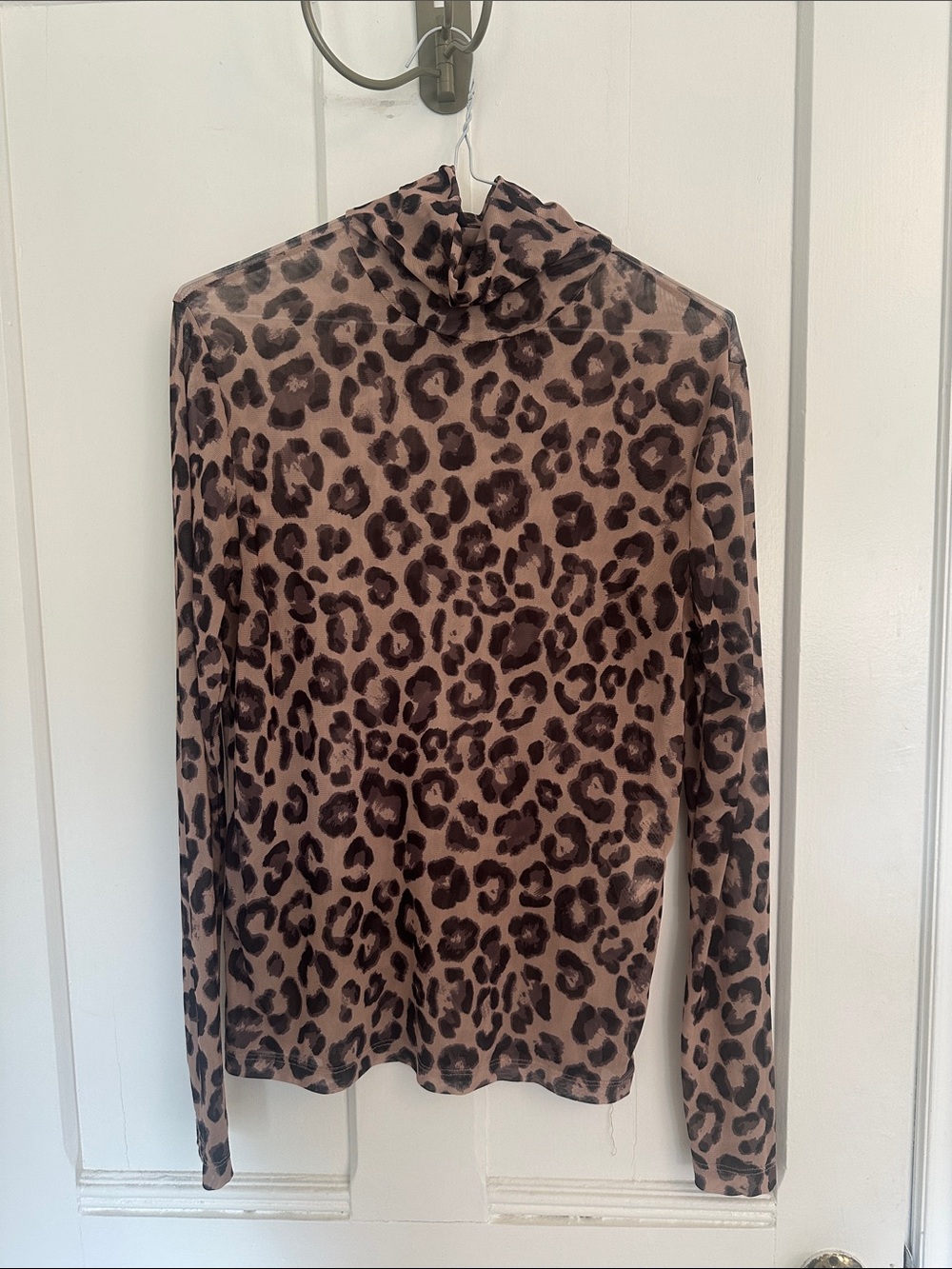 Sheer Leopard Print Turtleneck Top in Tan and Black Medium